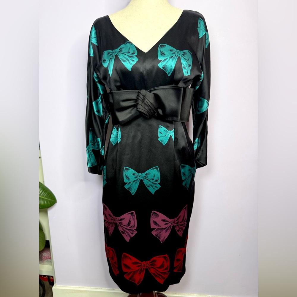 Vintage Betsey Johnson Black Silk Dress with Teal, Pink, & Red Bows Print